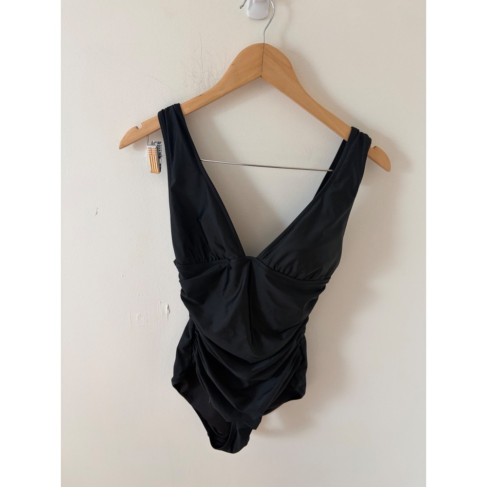 J.Crew Black Ruched V-Neck One-Piece Swimsuit Size 6 Low Back Beachwear